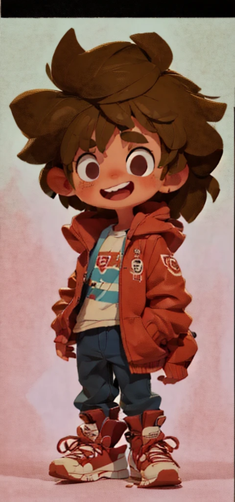 A boy, Messy hair, red jacket, shirt blue, Blue wide pants, Red sneakers, Grinning, fluffly, from sideways, standing, going, fully body, highy detailed, Cartoon.