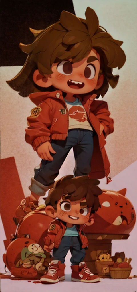 A boy, Messy hair, red jacket, shirt blue, Blue wide pants, Red sneakers, Grinning, fluffly, from sideways, standing, going, fully body, highy detailed, Cartoon.