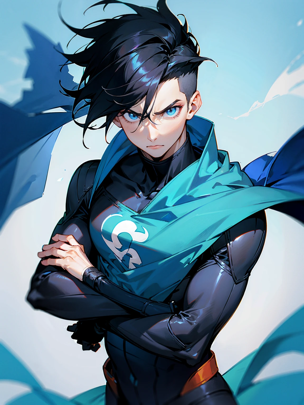 1male, black hair, messy hair, undercut hair, sky blue eyes, super suit, cape, tattered clothing, serious expression