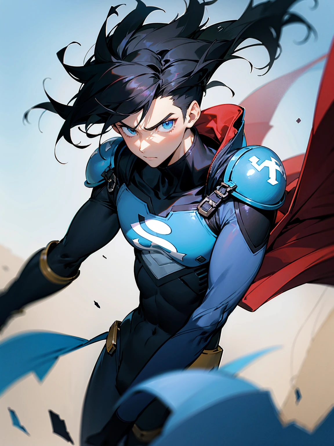 1male, black hair, messy hair, undercut hair, sky blue eyes, super suit, cape, tattered clothing, serious expression