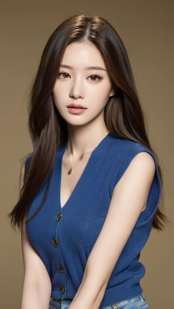 (lifelike, high resolution:1.3), 1 girl with a perfect figure, Delicate facial features,Double eyelids,Long eyelashes,The eyes are super good-looking,Wear a necklace,Long hair, Random color vest:1.2, Short jeans, Big ,Showing cleavage