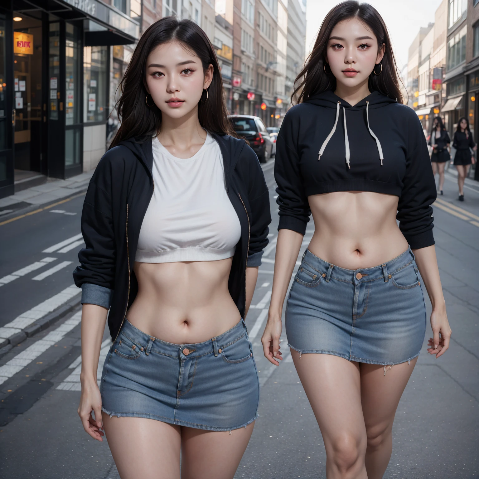 ((best quality)), ((masterpiece)), (detailed), perfect face, araffe woman in a dark-blue hoodie and blue denim skirt walking down a street, thicc, she has a jiggly fat round belly, bbwchan, wearing tight simple clothes, skinny waist and thick hips, widest hips, her belly is fat and round, soft curvy shape, hyperrealistic full figure, wearing a cute top, wide hips