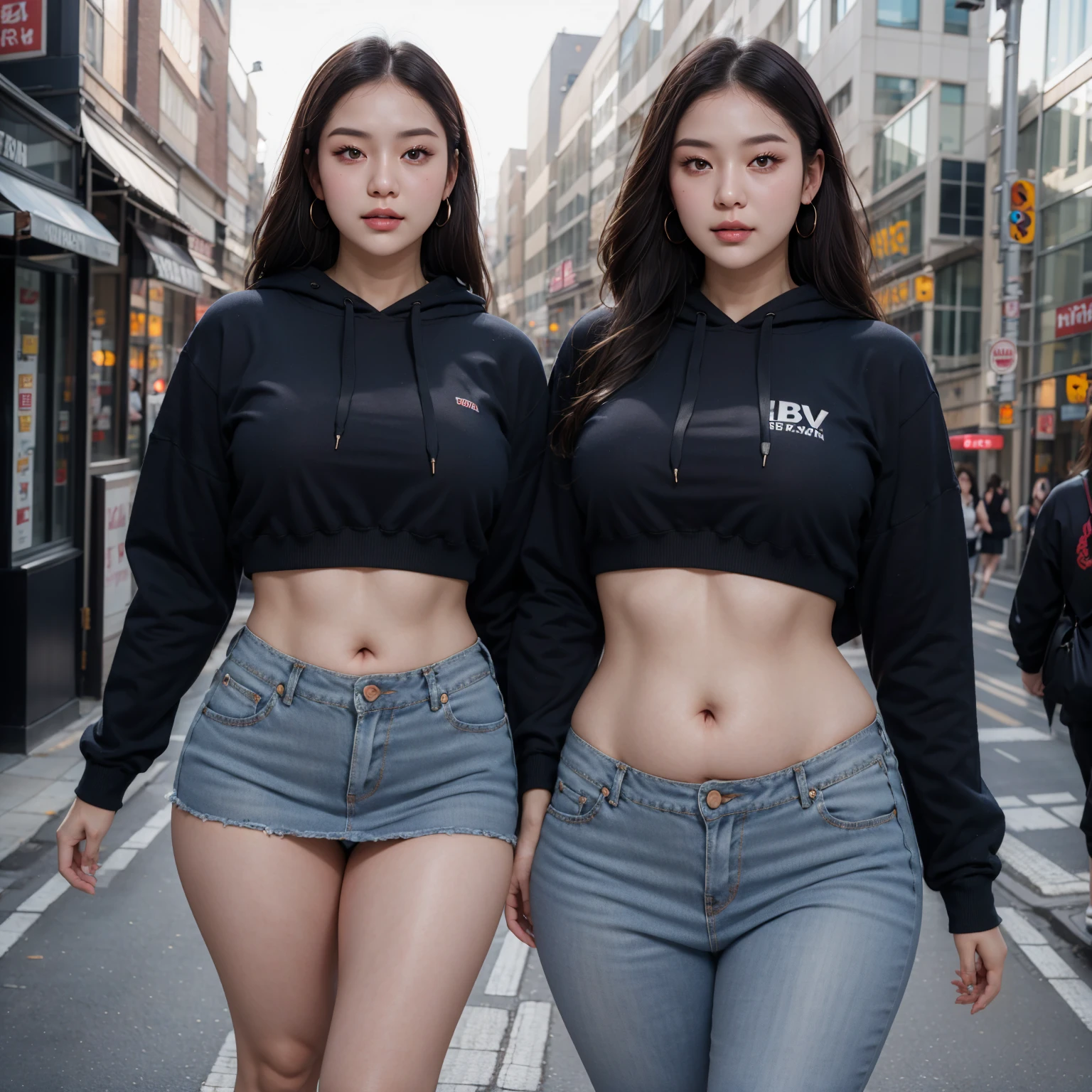 ((best quality)), ((masterpiece)), (detailed), perfect face, araffe woman in a dark-blue hoodie and blue denim skirt walking down a street, thicc, she has a jiggly fat round belly, chan, wearing tight simple clothes, skinny waist and thick hips, widest hips, her belly is fat and round, soft curvy shape, hyperrealistic full figure, wearing a cute top, wide hips