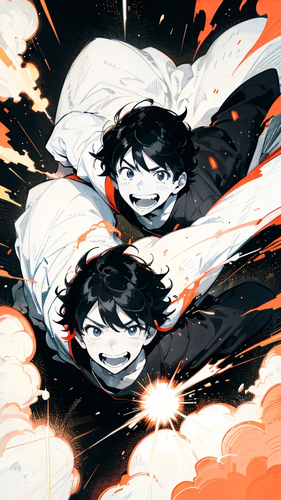 gojo satoru smiling , black and white background , attacking