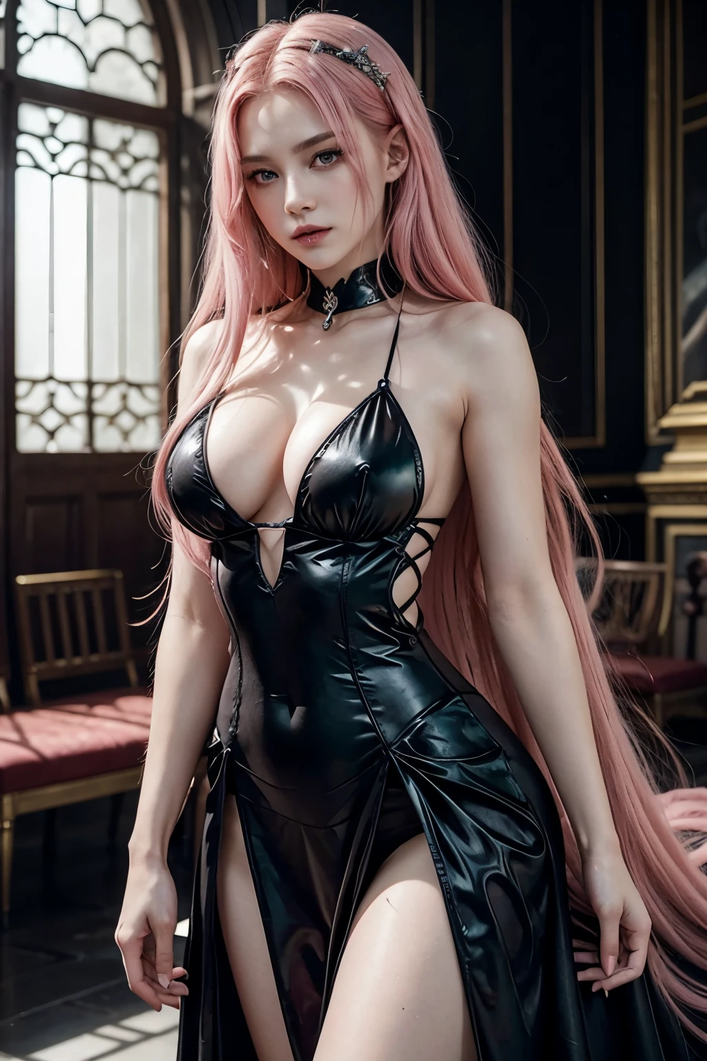 Description of the Progenitor Vampire with Pink Hair and Eyes in the Palace:She is in the main hall of the palace, sitting with a majestic posture on her ebony throne. Your hair is a vibrant pink, falling in gentle waves over your shoulders and back. Her eyes, the same shade of pink, shine with a mysterious glow., capturing the soft light that enters through the high windows of the hall.Your skin is pale and flawless, standing out against the dark throne and the fine fabrics that surround her. She wears a long black silk dress, extremely sexy and provocative, which perfectly fits your slender curves and subtly reveals your slender and attractive figure.The dress is adorned with silver details that form intricate patterns along the edges., reflecting her position as the undisputed leader of the vampires. Ao redor dela, ancient tapestries depict scenes of epic battles and glorious conquests of vampires over the centuries, silent witnesses to his long reign and absolute power over his dark kingdom.
