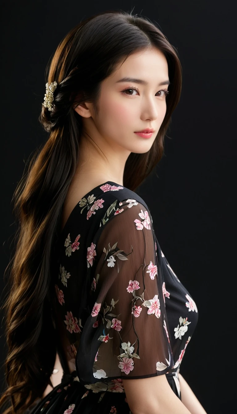 ((最大16K解像度のmasterpiece:1.6)),beautiful,Highest quality,Absolutely wonderful,Very detailed,Ultra-high resolution,masterpiece,Realistic,Realistic,Increased depth of field,Cinematic Light,
One elegant mature woman, Long black hair,beautiful顔,Very detailedな顔の表現,Face with a gentle expression,Transparent white skin,Very delicate skin texture,Great proportions,Anatomically correct body,
Elegant high slit dress,Gorgeous colors,Gorgeous and detailed pattern,Beautifully detailed pattern,Detailed cloth texture,
Black Background,
Focus on the upper body,((Face close-up:1.5)),