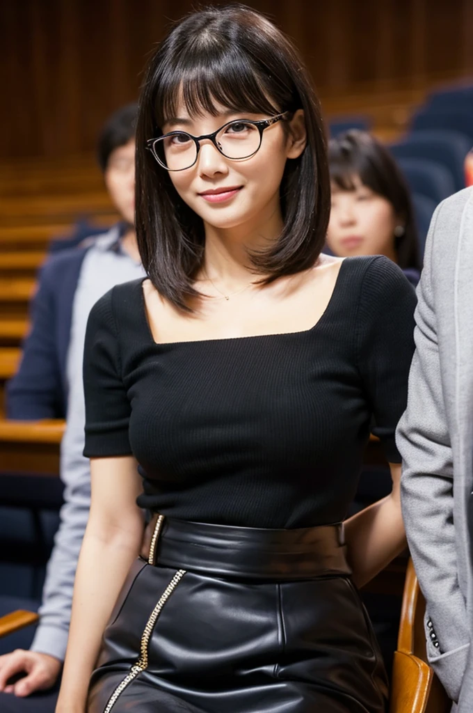 A voluptuous, rounded body、University lecture hall, university psychology associate professor, ((full body)), ((photo)), ((best qualtiy, 8K, tmasterpiece:1.3)), Focus:1.2, perfect figure beautiful woman:1.41woman, cowboy shot, look at viewer, eyes facing the camera, incredibly absurd, beautiful and cute woman with a photorealistic face, showcasing top-quality craftsmanship, A Japanese woman giving a lecture at a university lecture hall, 27 years old, with a bob cut and flipped hair, short bangs swept at an angle, smooth and shiny hair, natural hairline, fair and smooth skin, plump and healthy cheeks, large, jet black eyes, round eyes, long and upward-facing eyelashes, double eyelids, thin and straight eyebrows, small and round nose, plump lips, upturned corners of the mouth, charming smile, cute face, glamorous, well-balanced proportions, tall, beautiful D-cup breasts, silver-rimmed glasses, pink blouse, black tight skirt, fashion with a waist-marked silhouette, scarf, heeled shoes, vanilla perfume, beautiful, pretty older woman, glasses suit her, knowledgeable, playful, curious, smart, elegant, November