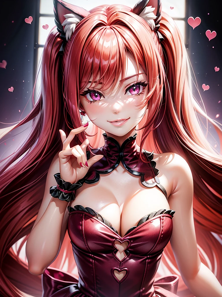 (( barbie red emerald hair color)), pink eyes,sexy woman, cat ears, hearts, floating hearts, face only,  long hair, smiling, hair ornament, up close face, closed mouth smile, up closeface, hair bows, sexy body 