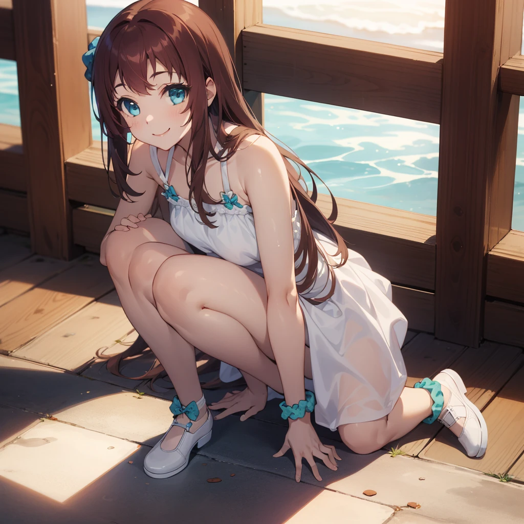 1girl,solo,white dress,smile,fullbody,
 aamanaka,brown_hair,long_hair,blue_eyes,scrunchie,