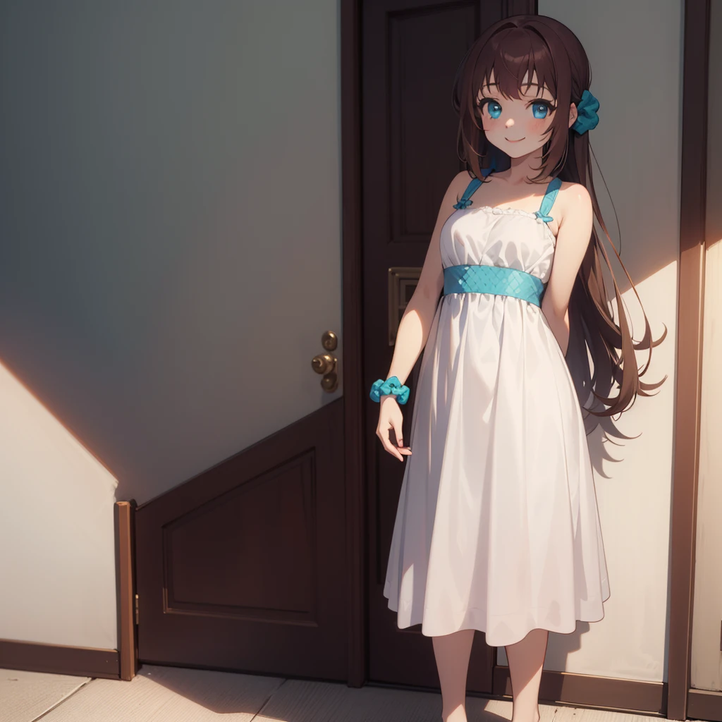 1girl,solo,white dress,smile,fullbody,
 aamanaka,brown_hair,long_hair,blue_eyes,scrunchie,