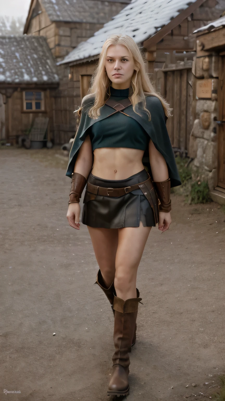 woman viking, woman hot blonde, blueeyes, blonde hair, muscular, muscular abdomen, viking style wool crop top, leather skirt, wool boots, in a viking village, cold weather cape on the back, metal protector on the arm, vision of front, fullbody, realistic, photorealism