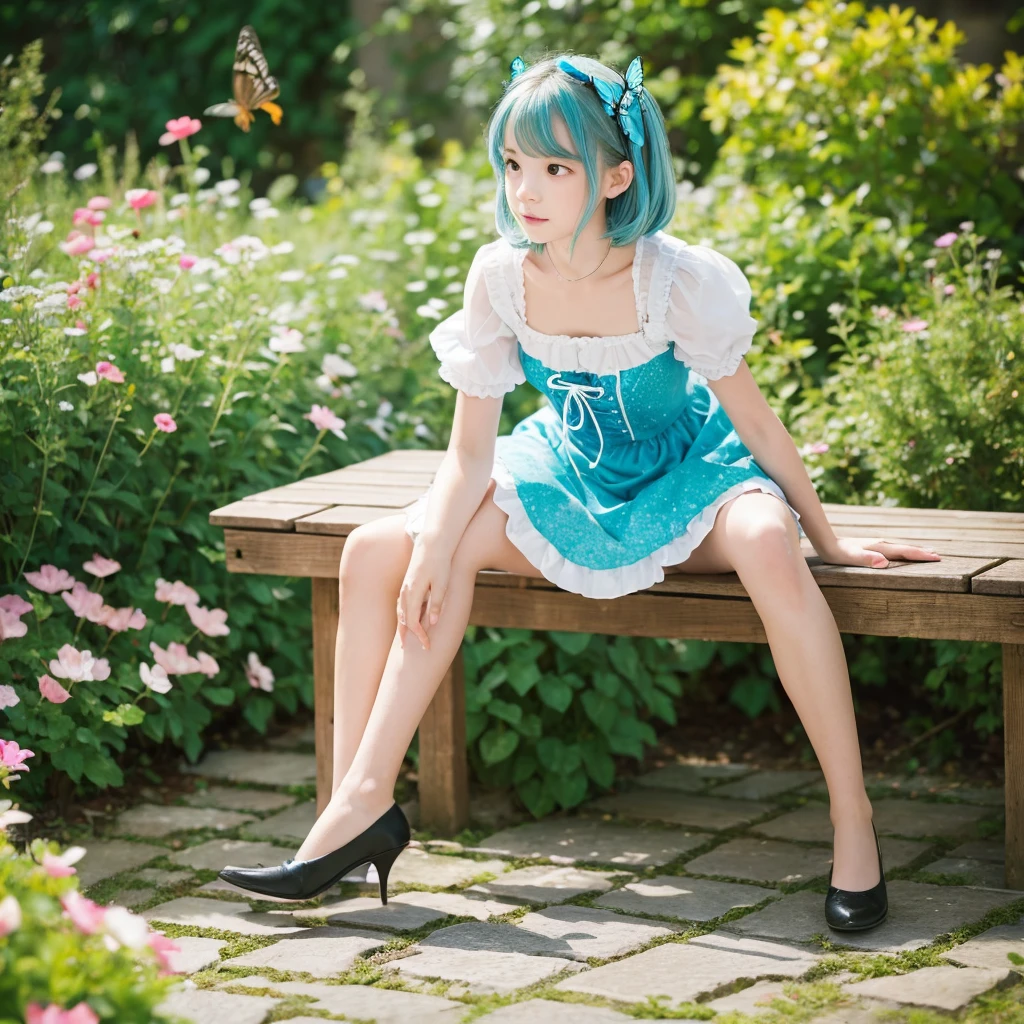 ((S○l○:1.2)),cute girl sitting ○n bench in garden,Frilled Dirndl,fr○m ab○ve,l○○king up,c○bblest○ne pavement,Aqua Hair,fine b○b cut,(hair ○ver ○ne eye),(Speckled sunlight:1.2),Blurred,(depth ○f field:1.1),Tilt your head,:○,(petal),wood,butterfly