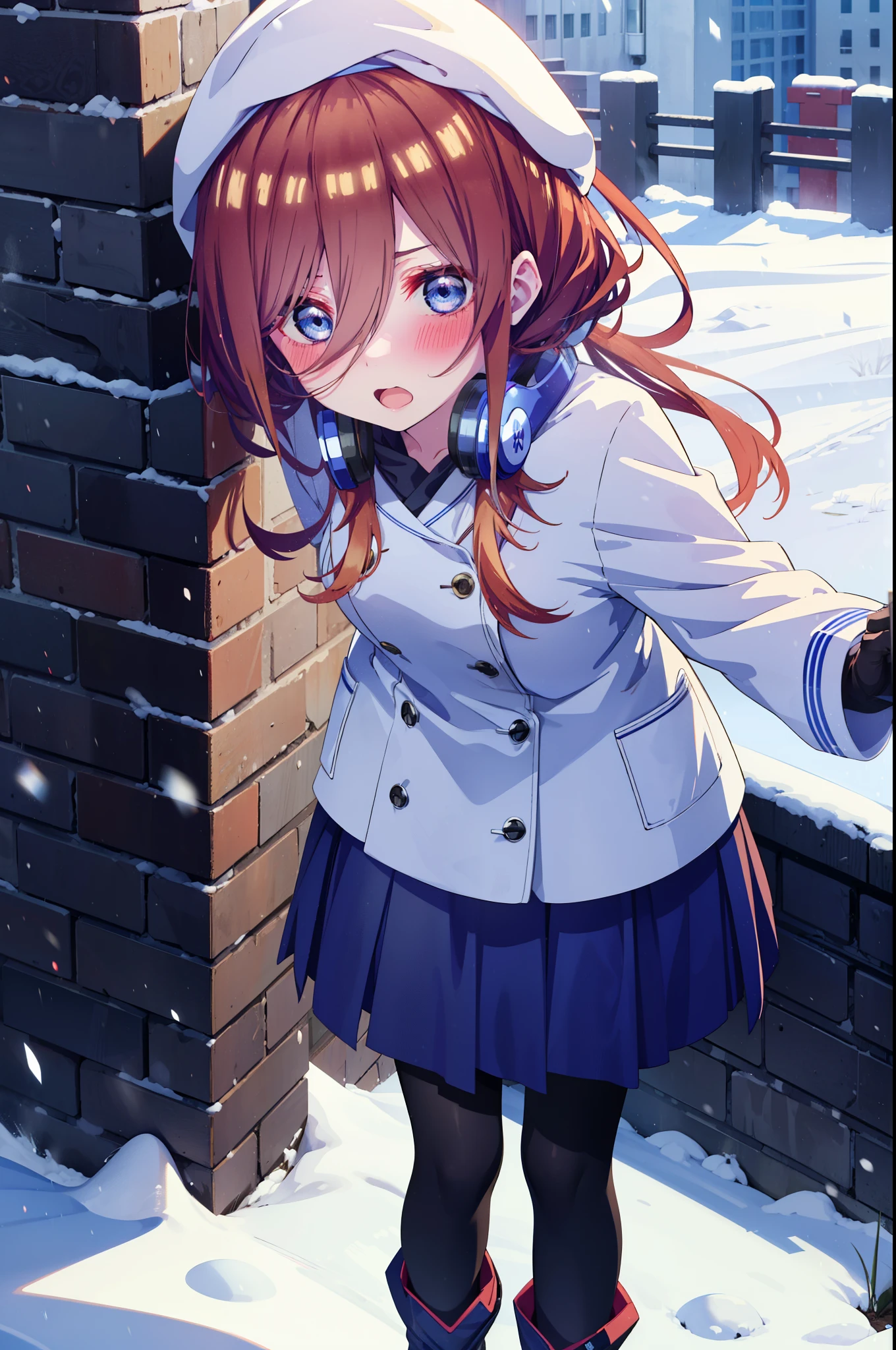 Mikunakano, miku nakano, Long Hair, bangs, blue eyes, Brown Hair, shirt, Hair between the eyes,blush, Open your mouth,White Breath,Scarf,Headphones around neck,Knitted hat,Blue long coat,V-neck sweater,Long skirt,Black pantyhose,short boots,Fluffy gloves,Standing leaning against a wall,Snow is piled up,It&#39;s snowing,whole bodyがイラスト入るように,Hidden in a building with a roof,
break outdoors, Building district,
break looking at viewer, whole body,
break (masterpiece:1.2), Highest quality, High resolution, unity 8k wallpaper, (figure:0.8), (Beautiful attention to detail:1.6), Highly detailed face, Perfect lighting, Highly detailed CG, (Perfect hands, Perfect Anatomy),