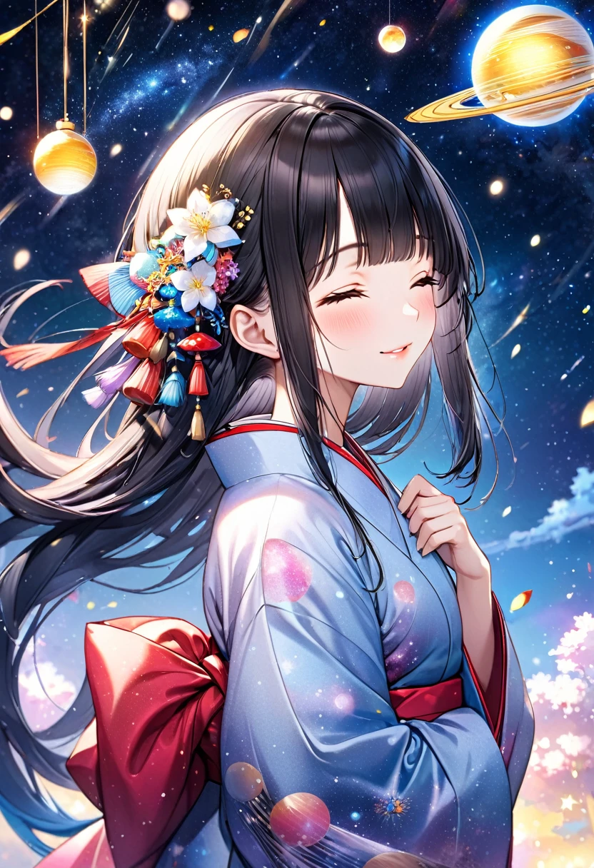 (Tanabata festival style), (in the detailed beautiful night, best sky of Galaxy), (solo:2, 15 yo, blunt bangs:1.3 glossy black hair long hair cute shrine maiden girl, sexy closed eyes, glossy lips, love smile, looking at sky), (in a cute yukata), break, background detailed Universe and Meteor shower, BREAK, perfect anatomy, masterpiece, best quality, 16k, beautiful detailed galaxy, daydreaming expression.
