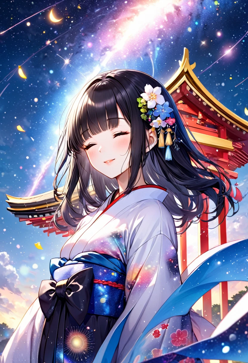 (Tanabata festival style), (in the detailed beautiful night, best sky of Galaxy), (solo:2, 15 yo, blunt bangs:1.3 glossy black hair long hair cute shrine maiden girl, sexy closed eyes, glossy lips, love smile, looking at sky), (in a cute yukata), break, background detailed Universe and Meteor shower, BREAK, perfect anatomy, masterpiece, best quality, 16k, beautiful detailed galaxy, daydreaming expression.