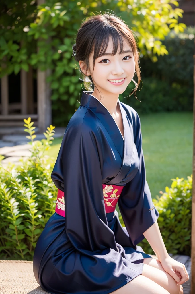 Pure young Japanese yukata girl, outstanding body, wearing traditional yukata, vivid makeup, natural black hair styles, sexual attractive, sweet smile, sitting in traditional garden, professional portrait photography,