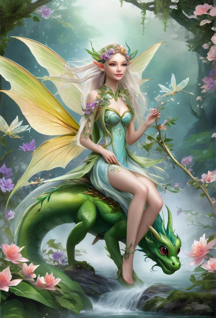 faerie,(full body),elf ears,dragonfly wings, ,hair decorated with flowers, Branches and Leaves, she's ridin on a beautiful dragon,around a scene of magic,,a bit of mist(high qualiy),(refined details),(work of art)