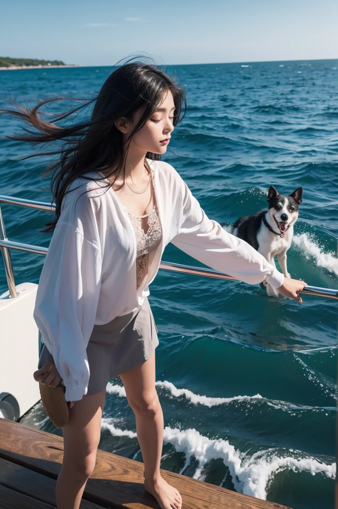 illustration of a girl at sea in a place with a dog