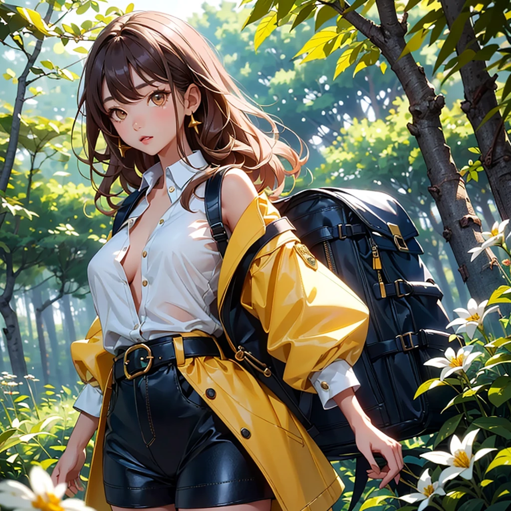 ((best quality)), ((masterpiece)), (detailed), off-shoulder sweater, Transparent body, Visible veins, Highly detailed, Upper body, one girl, young Korean woman with a Korean beautiful face, golden eyes and yellow sandy lush hair, tanned dark bronze skin, huge chest, dressed in an open coat with rolled up sleeves, a transparent unbuttoned shirt, a wide leather belt with gold yarn, leather shorts, a hiking backpack, a two-handed katana in sheathed, walking through the forest, trees with blue foliage and white flowers,