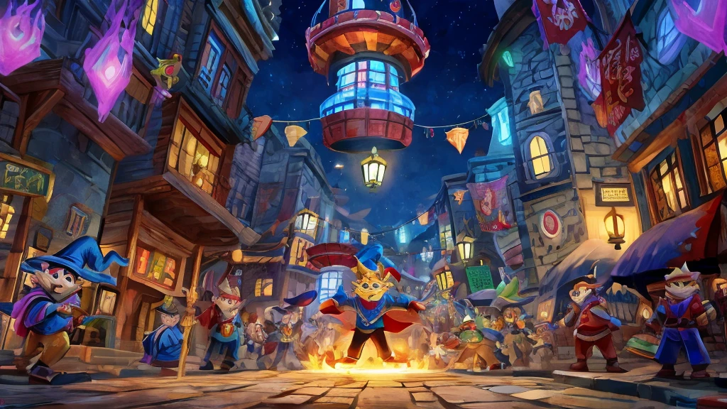 wizard city at night with magic around it fighting