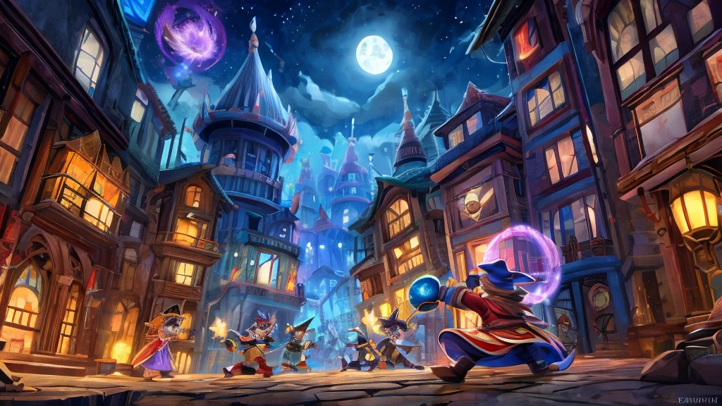 wizard city at night with magic around it fighting