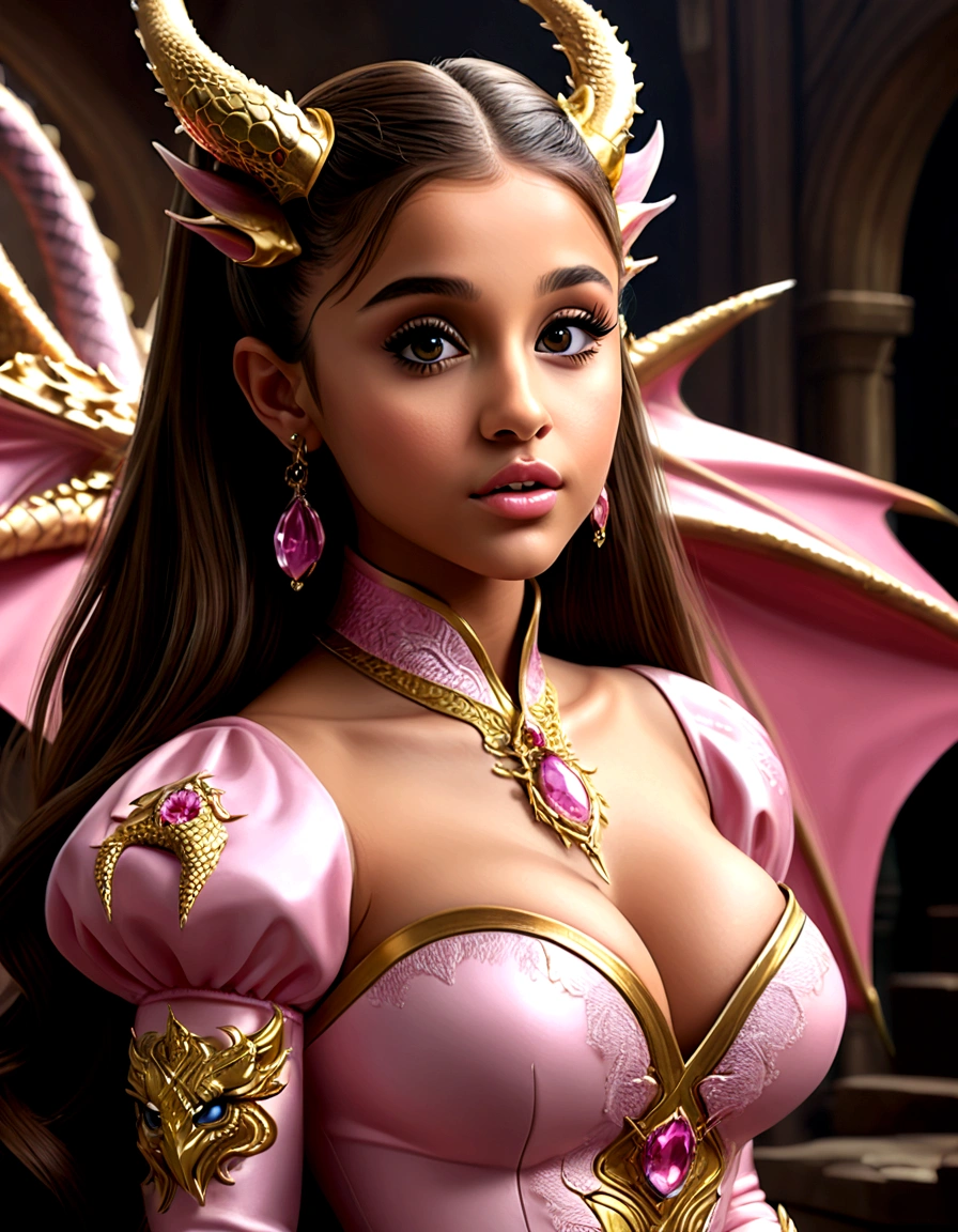 1 girl, Ariana Grande, 25 years old, beautiful detailed eyes, beautiful detailed lips, extremely detailed face and features, longeyelashes, princess dress, pink, dragon's lair, scolding dragon, bopping dragon's nose, messy lair, no bed, high fantasy, bones and gold scattered around hap hazard(best quality,4k,8k,highres,masterpiece:1.2),ultra-detailed,(realistic,photorealistic,photo-realistic:1.37),concept art, vivid colors, dramatic lighting, cinematic
