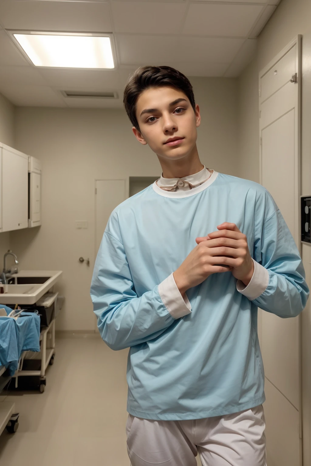 EUltra realistic, pediatric boy patient, in 13 Jahre alter Junge , londer boy with blue eyes very white skin very beautiful and tender face, european boy with a tender and sad look adolescent figure, , detailed face, ,, male figure, n hospital room, standing in medical change room, wearing pink hospital gown, showing full body, legs and knees, front perspective