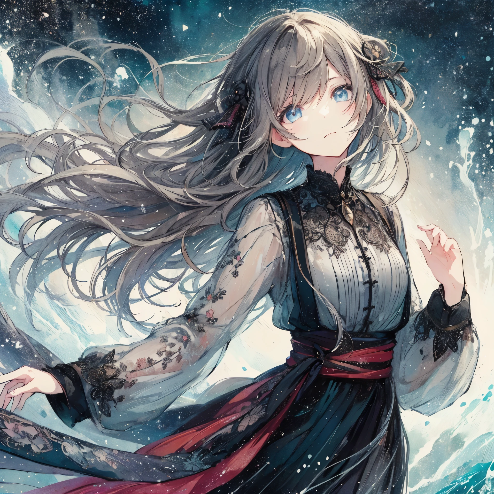 Official art using high-quality hand-drawn watercolor sketch techniques. (best quality,4k,8k,highres,masterpiece:1.2),ultra-detailed,beautiful detailed eyes,A girl with beautiful eyes, everyone, beautiful anime girl, cute anime girl, smooth anime art, anime style, elegant colors, soft lighting, delicate beautiful eyes, very coquettish, (beautiful large breast:1.2), (correct hands:1.2),