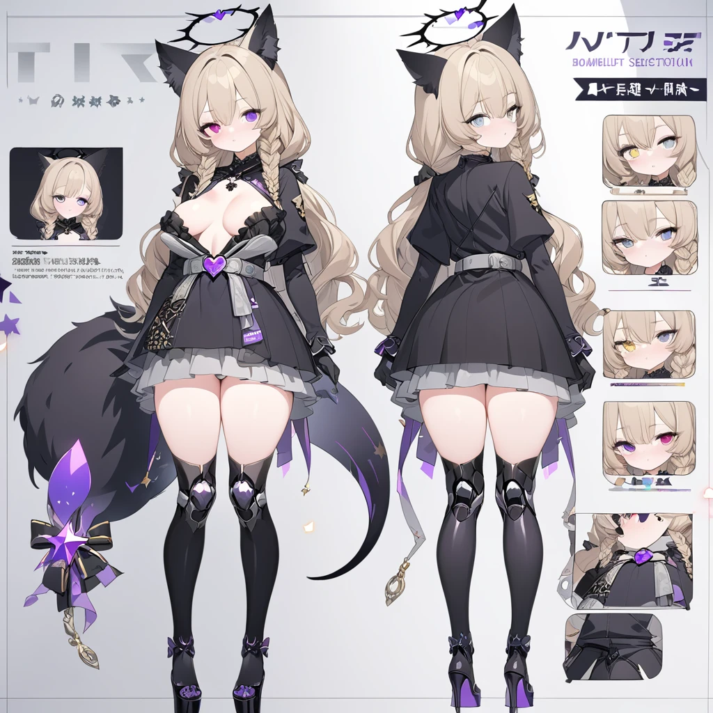1 tall girl, long dark blonde hair, slim build, wavy hair with knee length curls, small face, sectoral heterochromia (one gray eye and one purple eye), star ribbon on the right side of the hair, She has a short double braid on the left and right side of her head....... , extremely detailed face, Beautiful detailed eyes, beautiful detailed lips. short height 180cm, adorable, extremely detailed legs, (Best Quality, 4k, 8k, high resolution, Masterpiece: 1.2), ultra detailed, Exquisite and epic character art...., Amazing modern character trending theme...., character design (Character Reference Sheet: full body front and rear view), Black long stockings with stylish gear patterns...., Black platform heels, Elegant Ruffle One Piece Long Dress., black shoulder length gloves with gold star design, light gray belt with a large ribbon with violet heart buckle, black necklace with heart emblem on the neck. Black serval ears on head...., It has a succubus tail that ends in a star shape....... Wide hips. She wears a black halo with purple star patterns that shine... big breast size. Black mechanical legs, red and silver.