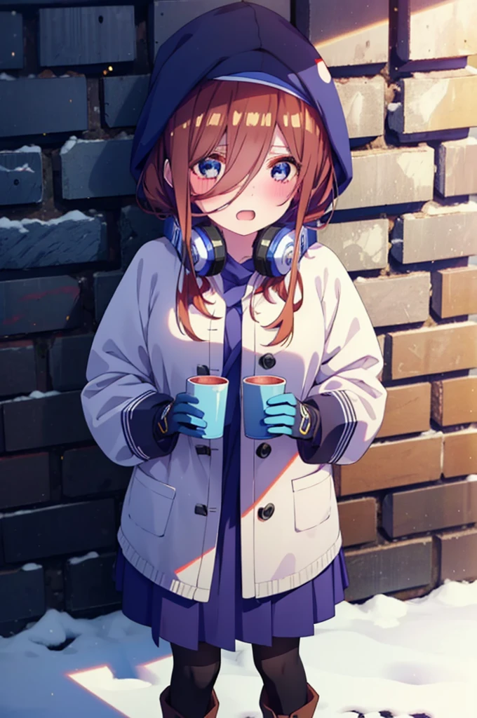 Mikunakano, miku nakano, Long Hair, bangs, blue eyes, Brown Hair, shirt, Hair between the eyes,blush, Open your mouth,White Breath,Scarf,Headphones around neck,Knitted hat,Blue long coat,V-neck sweater,Long skirt,Black pantyhose,short boots,Fluffy gloves,Standing leaning against a wall,Snow is piled up,It&#39;s snowing,whole bodyがイラスト入るように,Hidden in a building with a roof,
break outdoors, Building district,
break looking at viewer, whole body,
break (masterpiece:1.2), Highest quality, High resolution, unity 8k wallpaper, (figure:0.8), (Beautiful attention to detail:1.6), Highly detailed face, Perfect lighting, Highly detailed CG, (Perfect hands, Perfect Anatomy),