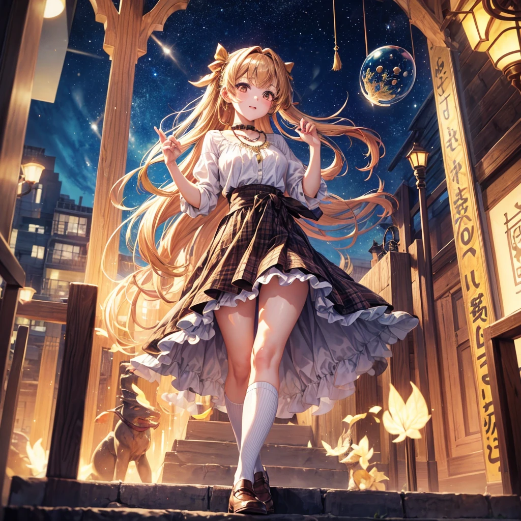 Red, brown, gold, gold hair、Golden Eyes、Hair tied up、One good looking girl、solo、anime、Checkered mini skirt、Ruffles on the skirt、Checked dress、blouse、school uniform、Black knee-high socks、Ribbon、Ribbon on waist、Teeth are visible、Sparkly Necklace、From above、Cobblestones、waterfall、Starry Sky、Midnight Moon、suspension bridge、Soap bubbles are flying、beam、Standing still、Eight Towers、Palm Tree、Transparent、Dragon flying、Sandy Beach、time and space、goddess、Billboard、Edo
