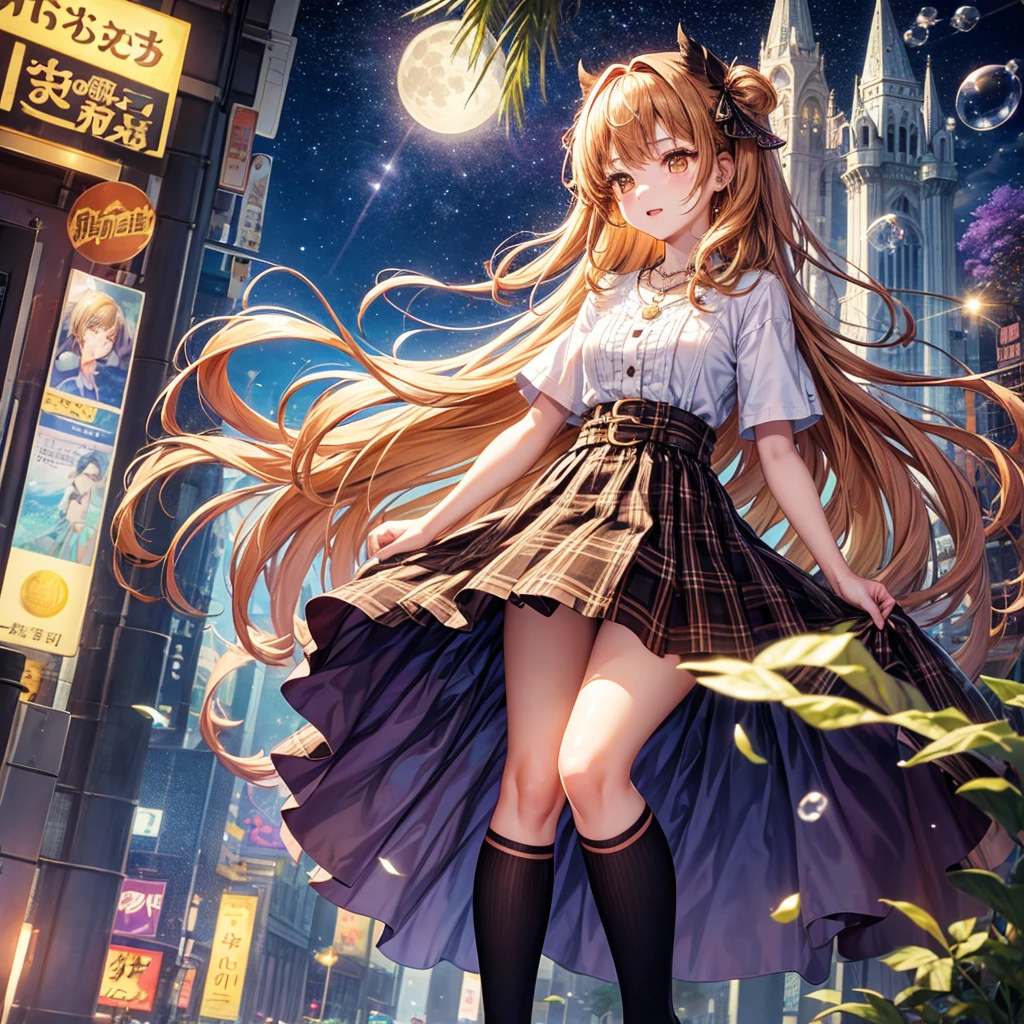 Red, brown, gold, gold hair、Golden Eyes、Hair tied up、One good looking girl、solo、anime、Checkered mini skirt、Ruffles on the skirt、Checked dress、blouse、school uniform、Black knee-high socks、Ribbon、Ribbon on waist、Teeth are visible、Sparkly Necklace、From above、Cobblestones、waterfall、Starry Sky、Midnight Moon、suspension bridge、Soap bubbles are flying、beam、Standing still、Eight Towers、Palm Tree、Transparent、Dragon flying、Sandy Beach、time and space、goddess、Billboard、Edo