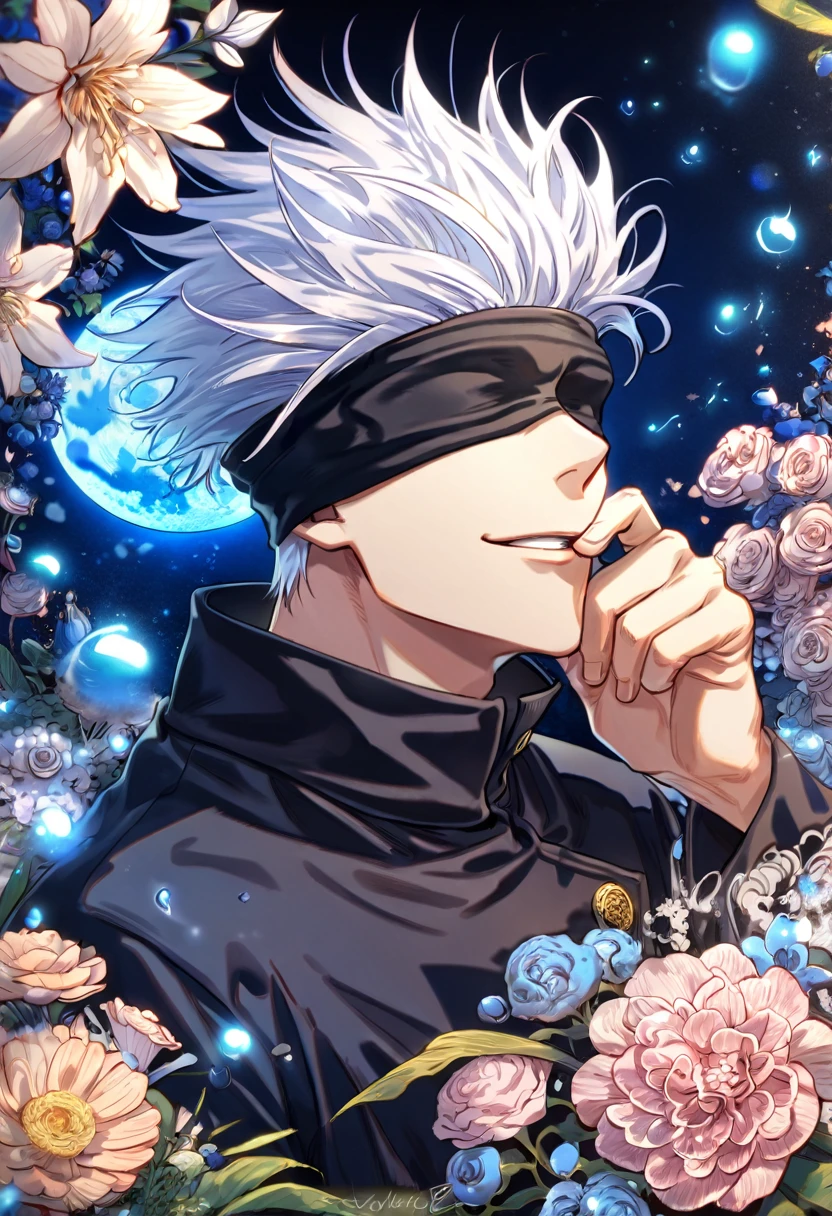 absurdres, highres, ultra detailed, HDR, master piece, Gojou Satoru, white hair, blindfolded eyes, black shirt, Jujutsu Kaisen, man, handsome, best quality, blue moon, flowers, fantasy, magical, solo, water, blue shining fireflies, blue petals, Jujutsu Kaisen uniform, handsome smile