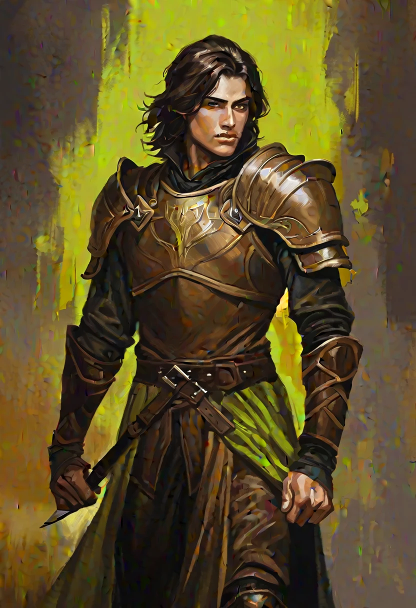 digitalpainting, pictorial \(styled\), male rogue from the Elder Scrolls series, short dark hair, golden eye, Light green skin, brown leather armor, without shoulder pad, black leather boot, Dynamic shading, expressive brushstrokes, oil on canvas, extremely detaild, light and dark colors