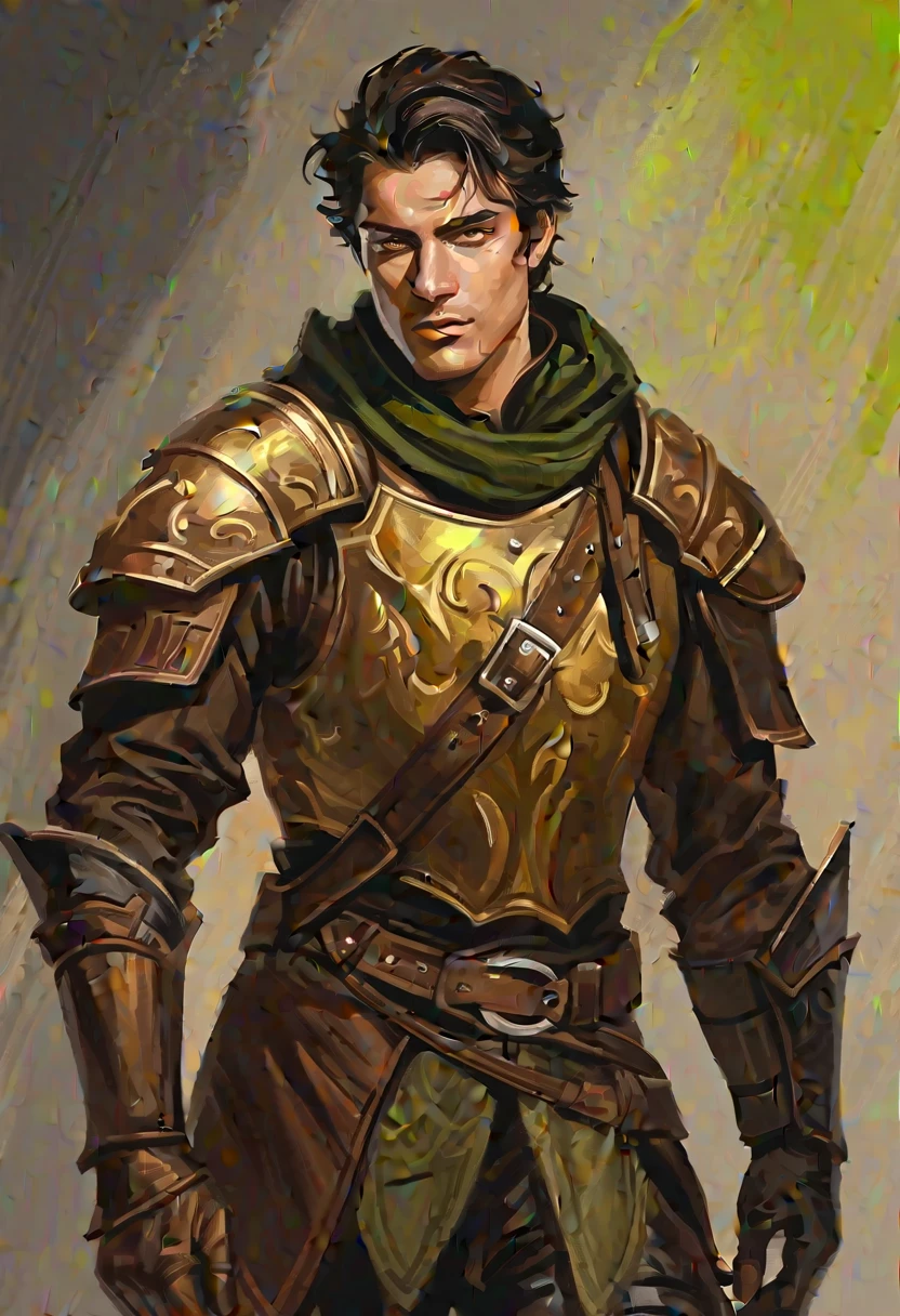 digitalpainting, pictorial \(styled\), male rogue from the Elder Scrolls series, short dark hair, golden eye, Light green skin, brown leather armor, without shoulder pad, black leather boot, Dynamic shading, expressive brushstrokes, oil on canvas, extremely detaild, light and dark colors