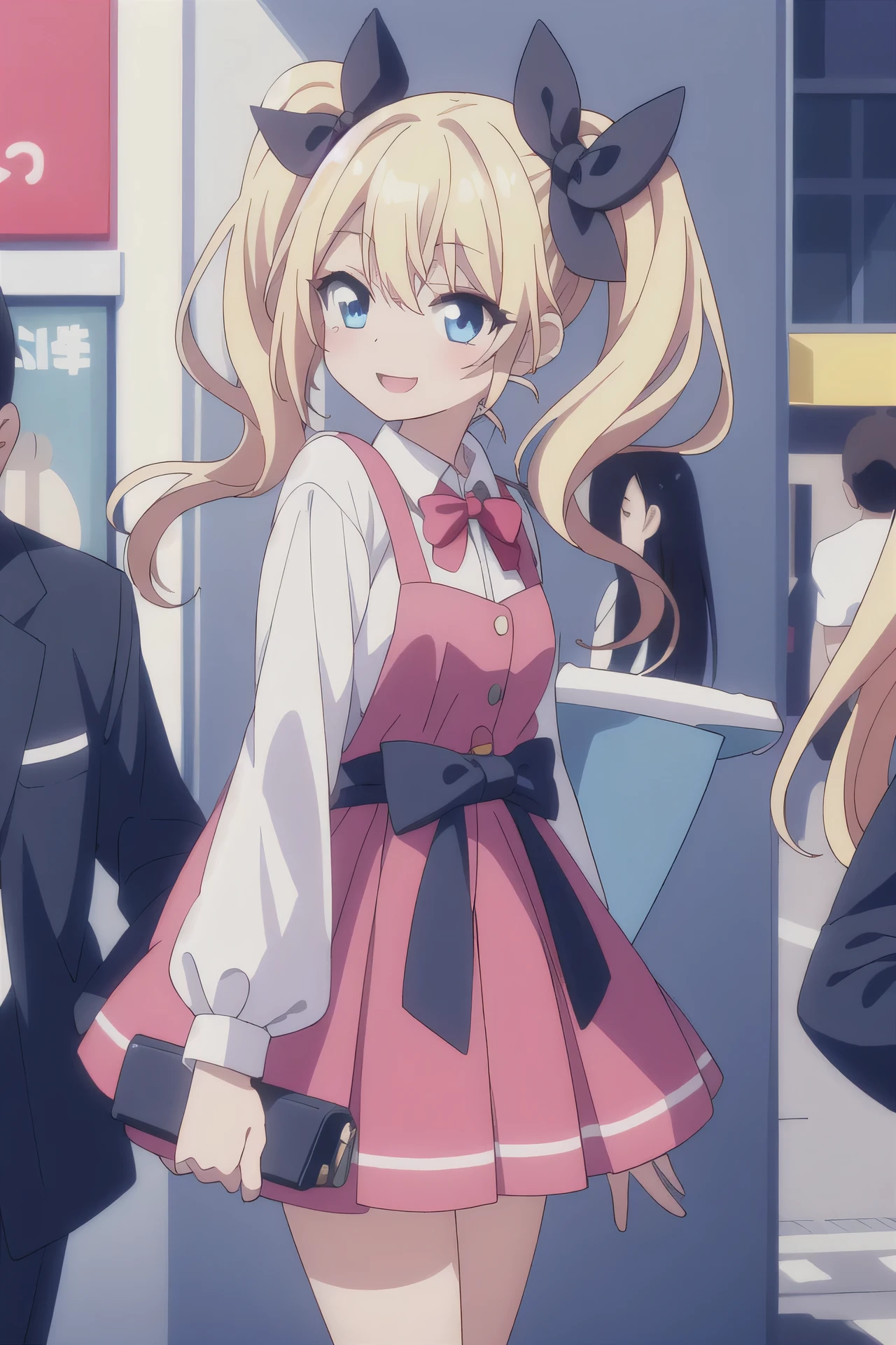 Very detailed, Absurd, Ultra-high resolution, Super detailed, Highest quality,
One girl, alone,
BREAK jirai kei,Knee socks, skirt, Twin tails, pink skirt, collar, bow, black Knee socks, black bow, Long Hair, pink bow, hair bow, spiked collar
BREAK
happy smile, smile, Mouth closed, Are standing,
From the side,
cuteポーズ, Cowboy Shot,
Break Slender, cute, Perfectly symmetrical face, 超cute girl, 超cute face, Very detailed目, Super detailedな髪, 超cute, Super beautiful,
Break in Harajuku, Shibuya Ward, Tokyo, street, crowd, Cityscape,
BREAK medium breasts,
(Blonde medium hair, blue eyes:1.3), Hime cut