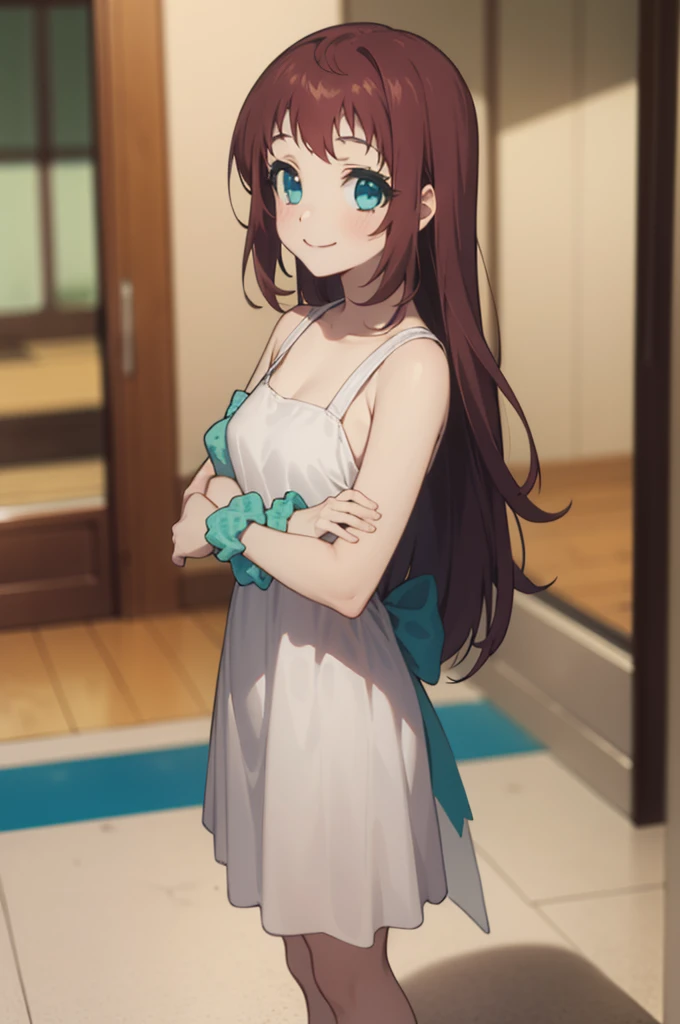 1girl,solo,white dress,smile,fullbody,
 aamanaka,brown_hair,long_hair,blue_eyes,scrunchie,