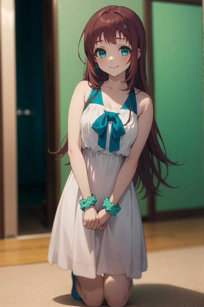 1girl,solo,white dress,smile,fullbody,
 aamanaka,brown_hair,long_hair,blue_eyes,scrunchie,