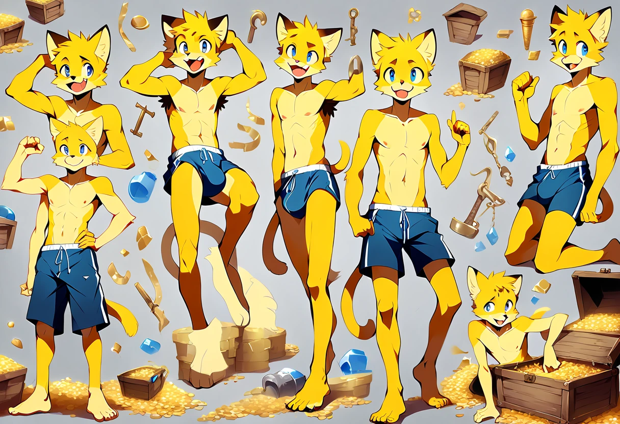 male, furry, high quality, hires, anthro, ager, 17 ymestic cat, yellow fur, blue eyes, handsome, excited expression, humanoid feet, shirtless, slim body, toned body, prominent v-line, prominent abs, prominent legs, prominent forearms, prominent knees, white background, treasure trail, armpit hair, furry legs, bulge, in various poses, dick, showing off his abs, casual clothes