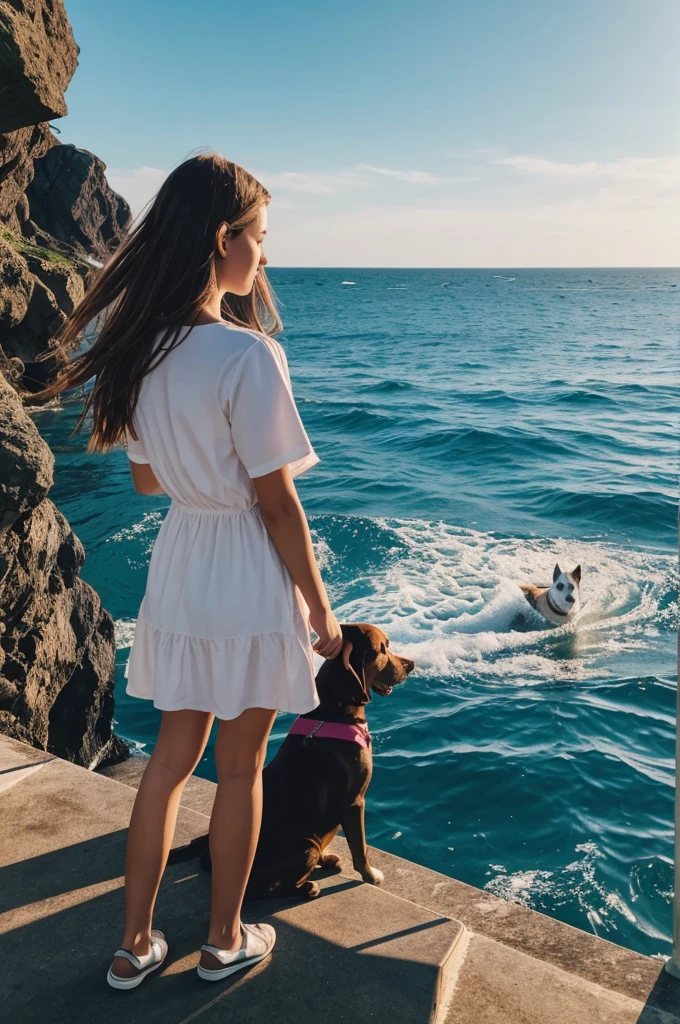 illustration of a girl at sea in a place with a dog