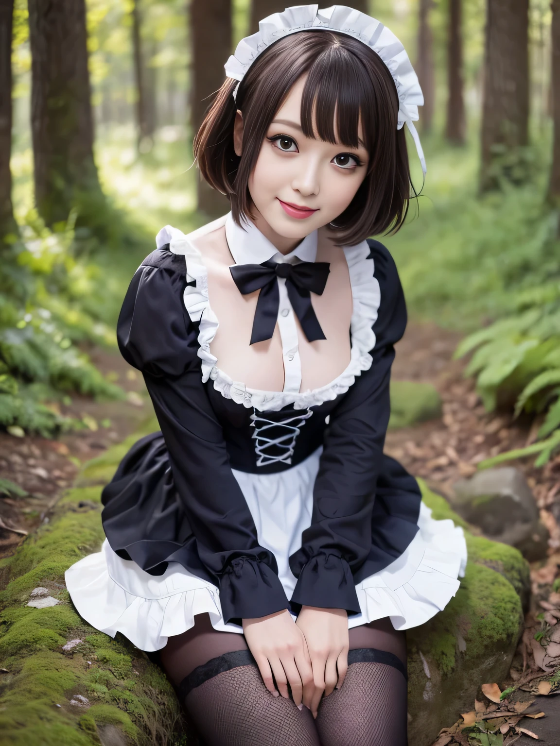 (Close-up:1.4)、(RAW shooting:1.2)、(photorealistic:1.4)、(masterpiece:1.3)、(highest quality:1.4)、solo、7 head and body、(slender and beautiful girl)、cute、(beautiful detailed eyes)、(charming big eyes)、(beautiful double eyelids)、(beautiful and detailed face)、(gentle smile:1.2)、(big breasts:1.2)、(cleavage)、(full body shot)、8K、(muste piece:1.2)、(short bob:1.3)、(Bangs Patsun)、(headdress、white blouse、black ribbon、ruffle skirt、puff sleeves、collar、choker、white apron with fine frills:1.3)、White Knee High Socks、black maid costume、(Sexy model pose with chest sticking out:1.3)、cowboy shot、view audience、(small butt)、(hide your hands)、(beautiful thighs)、cute系、(perfect anatomy:1.2)、ancient city