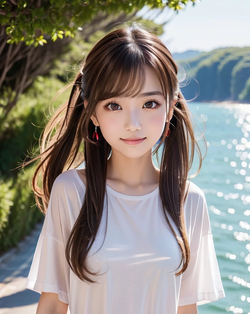 (Highest quality, 32k, High resolution, Masterpiece:1.5, ), marimo_jet, god々A photograph with brilliant dazzling and healing power., Evoking a sense of calm and elusive beauty, Expressing emotions, Have a rich imagination, The road to the horizon, Nostalgic scenery of youth, Beautiful Japanese Girls, An exceptionally beautiful face, Small Face Beauty, Perfect Human Anatomy, Magical big eyes, Motherhood and generosity, Deep Love, fleeting smile, ((Shiny brown hair:1.1)), ((A beautiful ponytail swaying in the wind)), Asymmetrical bangs, Hair between the eyes, Transparent, soft white skin, Sharp eyebrows, Thin lashes, Natural Makeup, Cheek highlighter, Pale pink detailed lips, (Red oversized t-shirt:1.4), High resolutionの美しい太もも, Beautiful legs, ((Walking the coastal highway:1.2)), ((The road to the horizon路)), Beautifully detailed skies, ((Shining in the morning sunlight)), Professional photographer, Professional Lighting, Professional models, god秘的