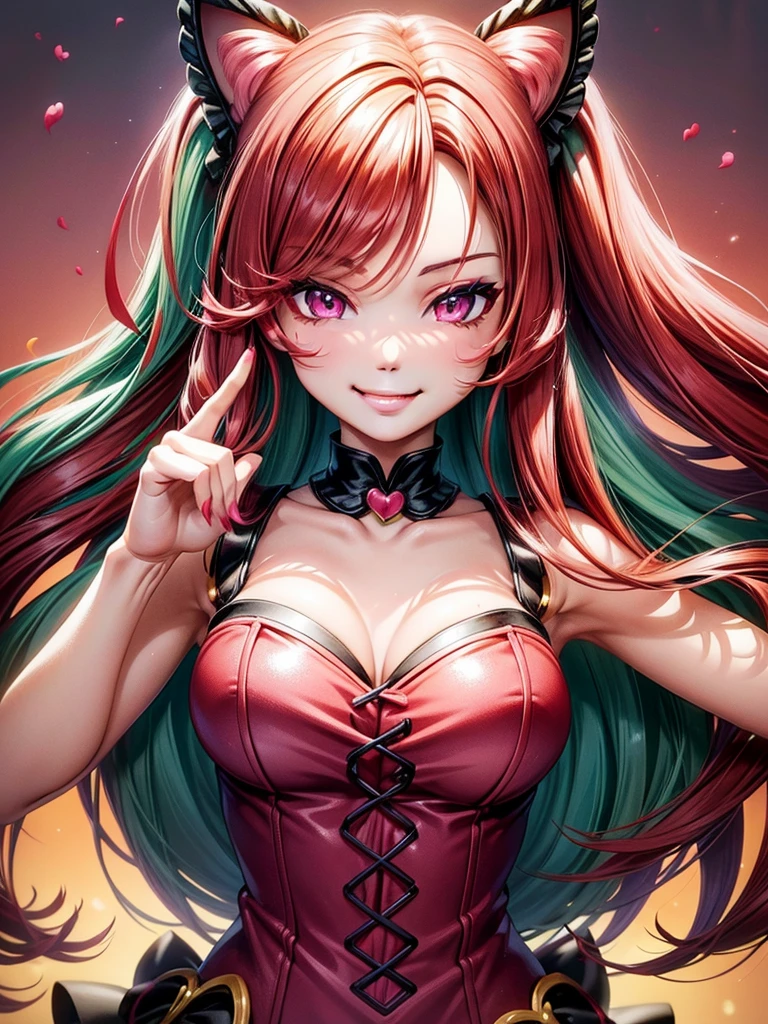 (( barbie red dark green hair color)), pink eyes,sexy woman, cat ears, hearts, floating hearts, face only, long hair, smiling, hair ornament, up close face, closed mouth smile, up closeface, hair bows, sexy body