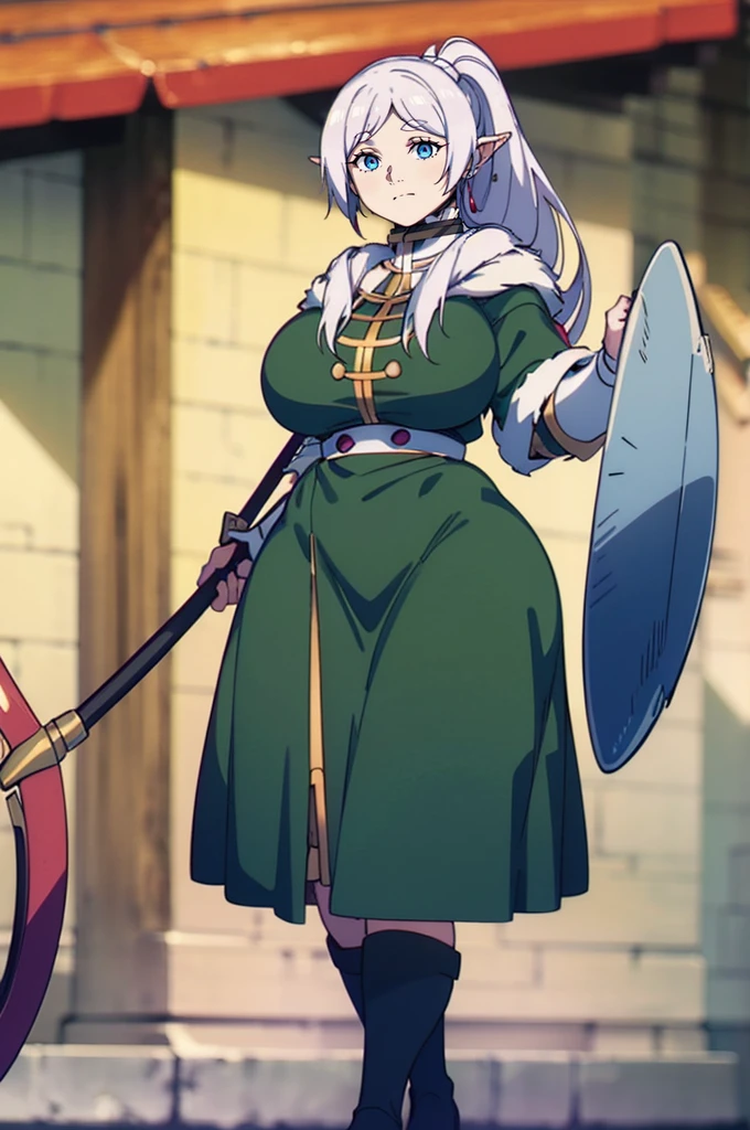 1girl,solo,elf,white hair,grey hair,earrings,pointy ears,long hair,ponytail,green eyes,twintails,parted bangs,thick eyebrows,,, holy magicalgirl, , holy haura, halo, smile, joyfull, paladin, sword holding, full body , boots, standing,cute,breast, curvy, female,fantasy goddess,there is a cartoon picture of a woman with a very large breast, glowing angelic being, glowing holy aura, inspired by Luma Rouge, the non-binary deity of spring, ethereal rainbow nimbus, the butterfly goddess of fire, inspired by Mariel, glowing aura around her, astral fairy, as the goddess of the sun, “uwu the prismatic person, big breast, serious, beautiful eyes, , full body, walking, long robe, long dress, ,priestess ,holy, smile, god rays, ray tracing, sparkle, cinematic lighting, UHD, retina, masterpiece, ccurate, anatomically correct, textured skin, super detail, high details, high quality, award winning, best quality, highres, 1080P, HD, 4K, thunder aura, light aura,full, staff holding, determined, long sleevess, short skirt nfsw, lencería 
