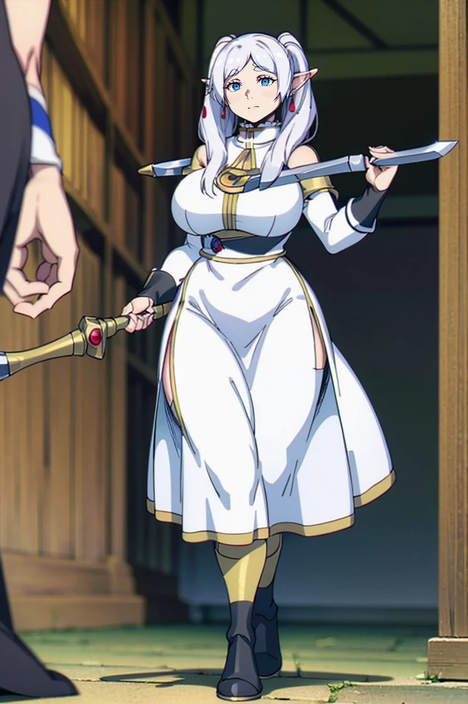 1girl,solo,elf,white hair,grey hair,earrings,pointy ears,long hair,ponytail,green eyes,twintails,parted bangs,thick eyebrows,,, holy magicalgirl, , holy haura, halo, smile, joyfull, paladin, sword holding, full body , boots, standing,cute,breast, curvy, female,fantasy goddess,there is a cartoon picture of a woman with a very large breast, glowing angelic being, glowing holy aura, inspired by Luma Rouge, the non-binary deity of spring, ethereal rainbow nimbus, the butterfly goddess of fire, inspired by Mariel, glowing aura around her, astral fairy, as the goddess of the sun, “uwu the prismatic person, big breast, serious, beautiful eyes, , full body, walking, long robe, long dress, ,priestess ,holy, smile, god rays, ray tracing, sparkle, cinematic lighting, UHD, retina, masterpiece, ccurate, anatomically correct, textured skin, super detail, high details, high quality, award winning, best quality, highres, 1080P, HD, 4K, thunder aura, light aura,full, staff holding, determined, long sleevess, short skirt nfsw, lencería 
