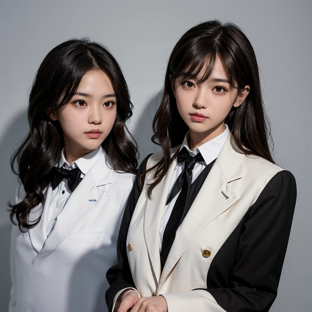 yearbook photo of one 1 with short wavy brown hair,with a mature face, wearing white with black blazer and black tie, with plain background, bust shot