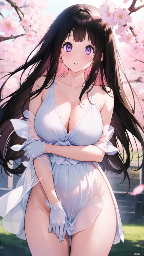 Amazing Chitanda, There is only one beautiful girl,Purple Eyes, Black Hair, Very red face,Very white skin,Glowing skin,Skin as delicate as porcelain,Naturally straight hair, Straight bangs,Extremely refined,Open lips,Long flowing hair,Beautiful Girl, Like a dream,Slim,Slim waist,Soft, (Sensual), (Kawaii), Dream quality,Beautiful ,Sheer loose dress,Areola,Comp naked,Lower edge east,White gloves,Flecoration,Deep V neckline,Loose neckline,Wide neckline,In school,The wind blows the hair,Place your hands on your inner thighs,Thighs clamp hands,Wet skin,Sweaty and sweaty,Sweating all over,it is raining,Next to the cherry blossom trees,Back to,Lean over,Hips,Side body,Gluteal groove,Completely naked的臀部,Bare back,Completeled的背部,Light transmission,(no p,nopan,pussy juice,Bare shoulders,There are nulder straps,Bare neck,Exposed collarbone,Exposing breasts,Exposing breasts侧面,Exposing breasts your waist,Show ttocks,Show your thposing the groin,(No pants),extremeltra-high resolution, (masterpiece:1.2, best quality), (Delicate and beautiful eyes: 1.2), (Beautiful and delicate face)
