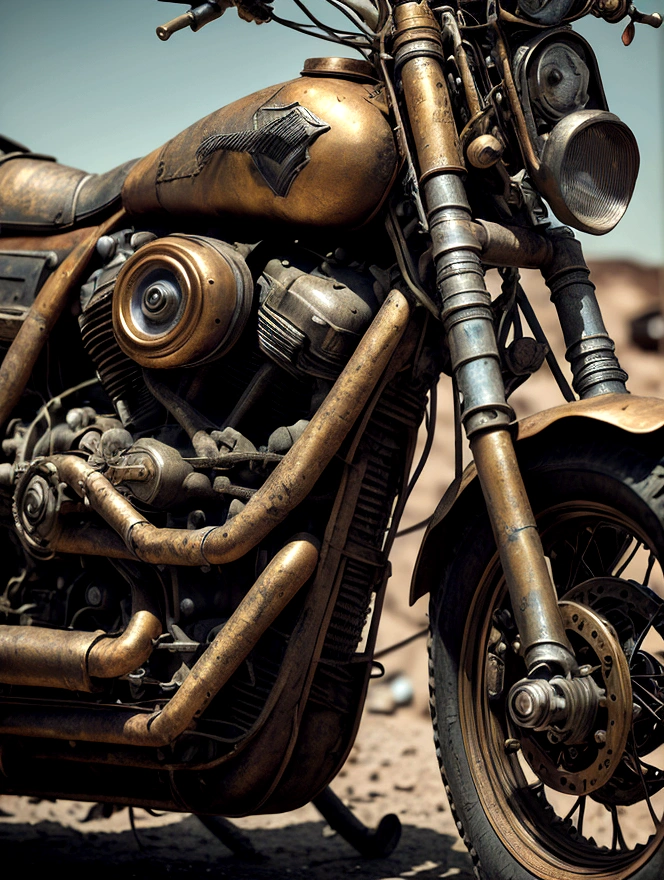 Harley-Davidson Garoto Gordo, golden color, retro, Mad Max, mechanical sensation, desert form, detailed mechanical parts, rusted metal textures, intricate gears and pipes, weathered leather, dusty environment, dramatic lighting, cinematic composition, high contrast, gritty atmosphere, worn vintage aesthetic, hyper-detailed, photorealistic, 8k