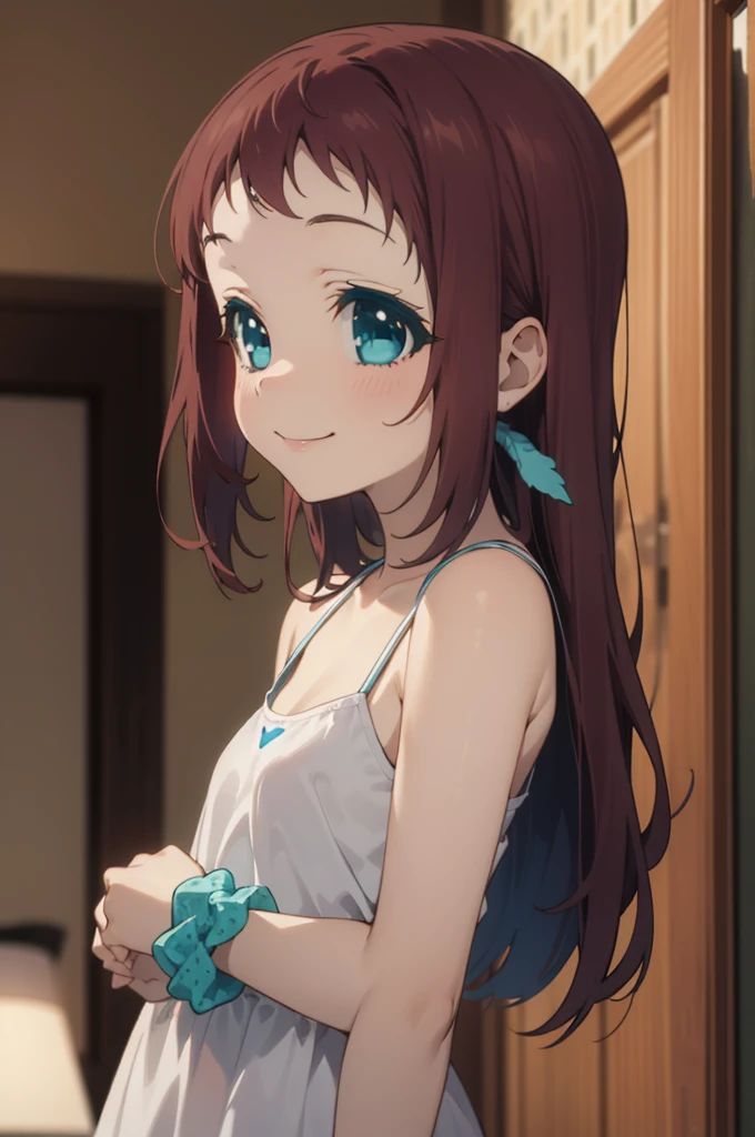 1girl,solo,white dress,smile,10yo,small breasts
 aamanaka,brown_hair,long_hair,blue_eyes,scrunchie,