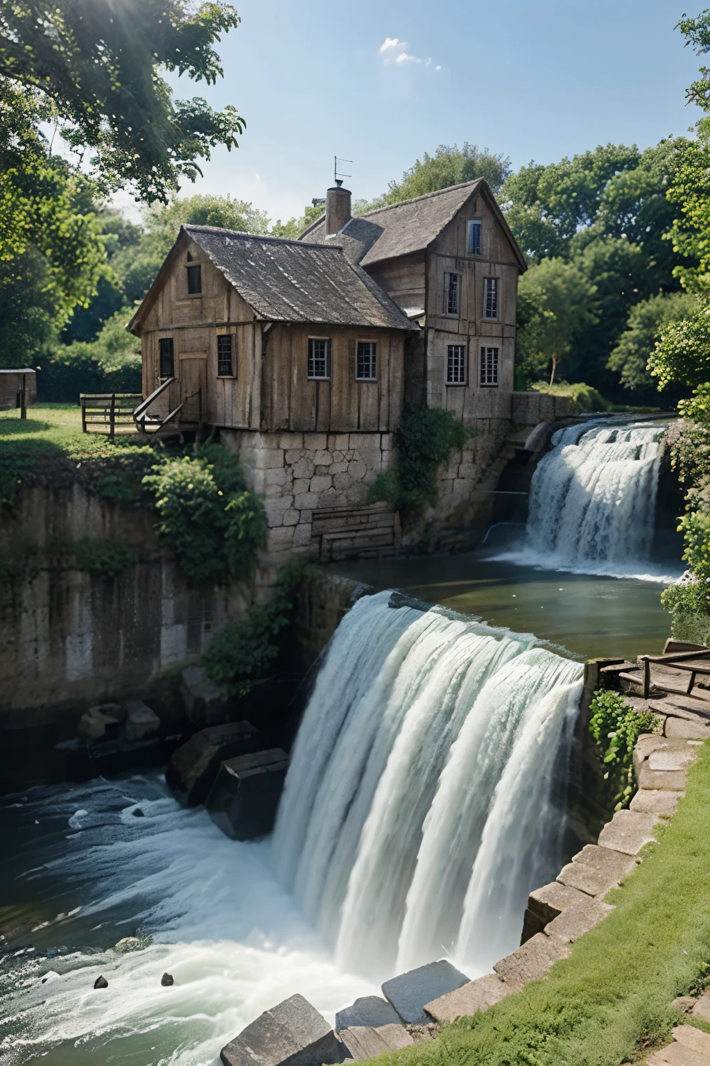Generate an image for me with a water mill that generates electricity and its operation